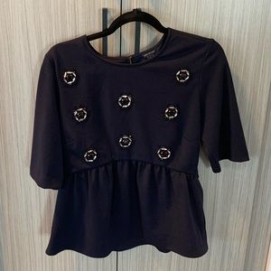 Ann Taylor - New Without Tags - Size Large - Navy Beaded Peplum Top/Blouse
